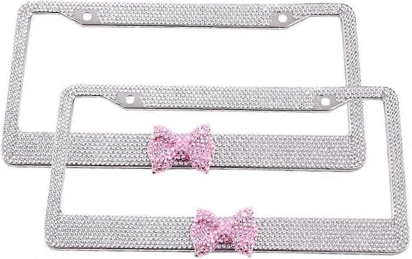 2 stk. nummerpladeramme, nummerpladedæksel i rustfrit stål til de fleste standardmodeller White Frame - Pink Butterfly
