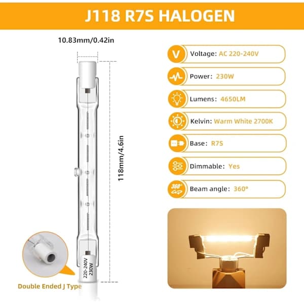R7S 118mm Linear Halogen Bulbs 240W Dimmable 2700K Warm White 4650LM for Projector Home Office Lighting 6-Pack