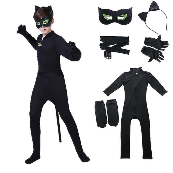 Lasten musta kissan puku pojille Cosplay Noel Bodysuit maskilla, korvalla, häntällä 120(115-125CM)