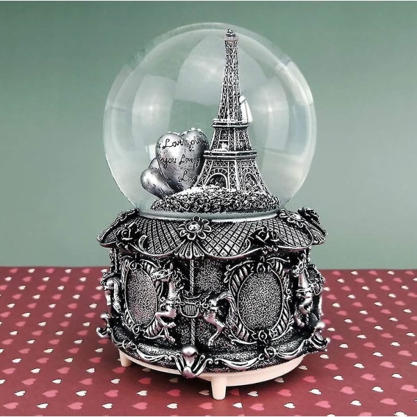 Paris Eiffeltårnet Snow Globe spilledåse med automatisk snefald og farverige lys, 100 mm 6" høj