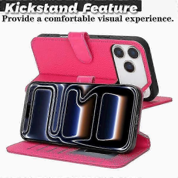 iPhone 17 Pro Max Äkta läderfodral med ställfunktion, litchi-textur och RFID-skydd Pink