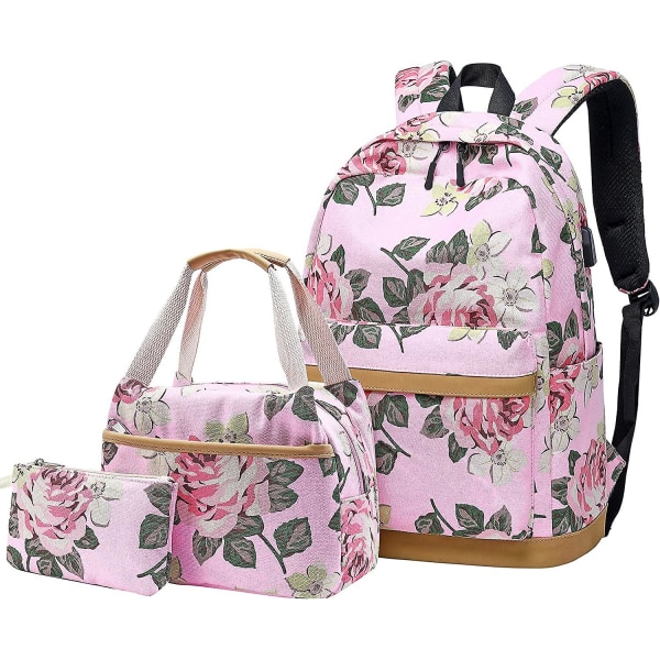Canvas Ryggsäck Set Blommor Print Med Lunch Box Bag Och Case Pink