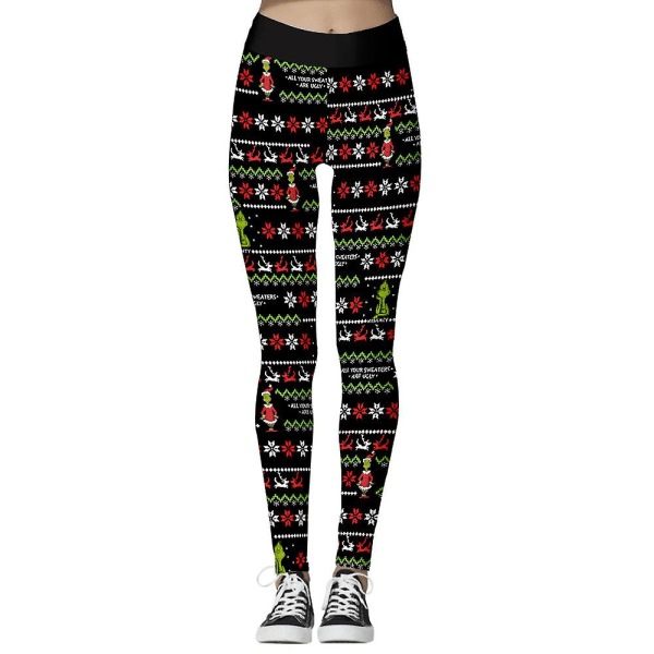 Joulunaiset naiset korkeavyötäröiset leggingsit printed Grinch lumihiutalepainetut Stretch laihat housut Joululahja B L