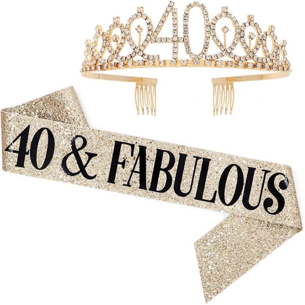 40 And Fabulous Sash & Rhinestone Tiara Set - 40-års fødselsdagsgaver Fødselsdagssash til kvinder Fødselsdagsfestartikler (guldglitter med sorte bogstaver)