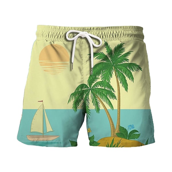 Herrshorts Bomull Casual Trunks Hawaiian Summer Beach Pants Board Shorts Breda ben Resår i midja Dragsko Plant Shorts