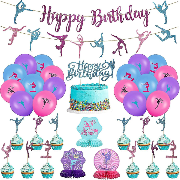 36 stk. Gymnastikfestartikler Dekoration 2 Gymnastik Fødselsdag Banner 3 Bord Honeycomb Midterstykker 12 Cupcake Topper 1 Kage Topper 18 Latex Ba