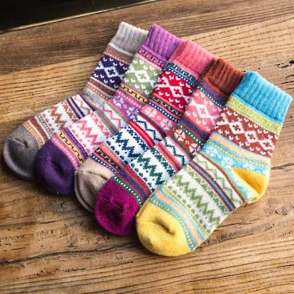 5 par strikkede sokker - bløde og behagelige tykstrikkede damestrømper Krydsblomsterstrømper efterår og vinter fortykkede og varme flerfarvede kvinder