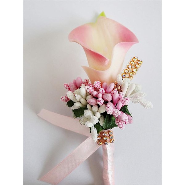Calla Lily Vaaleanpunainen Boutonniere set , 2 käsintehtyä silkkikukkaa ja nauhakorsasi morsiamen sulhasen hääjuhliin