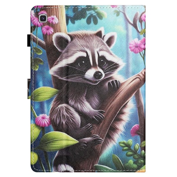 Samsung Galaxy Tab S6 Lite -värillinen piirrosompelu, nahkainen case Raccoon