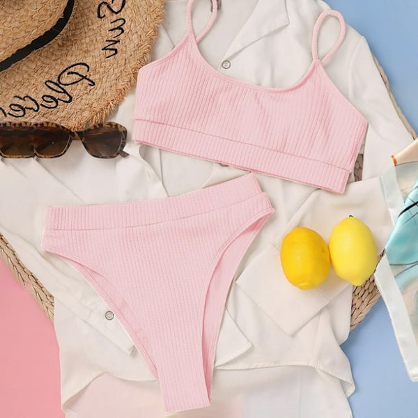 Kvinnor med hög midja Ribbad Cami Bikini Set Rosa M-US8
