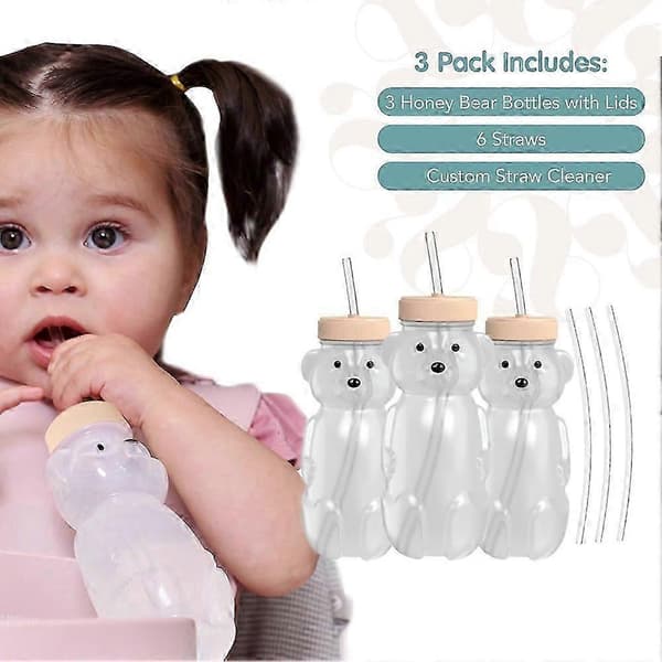 Honey Bear Sugrörsmugg för bebisar, 8 oz HoneyBear-mugg med lock, 3-pack terapiinlärning Honey Bear Sugrör, Babyflaskset