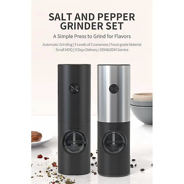 Automatisk Salt Pepper Kvern Elektrisk Krydder Batteridrevet Justerbar Grovhet Pepper Sort