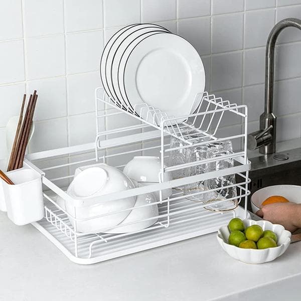 2-Tier Dish Drying Rack Kitchen Counter Plate Drainer Storage Organizer with Drain Board and Cutlery Holder - White White