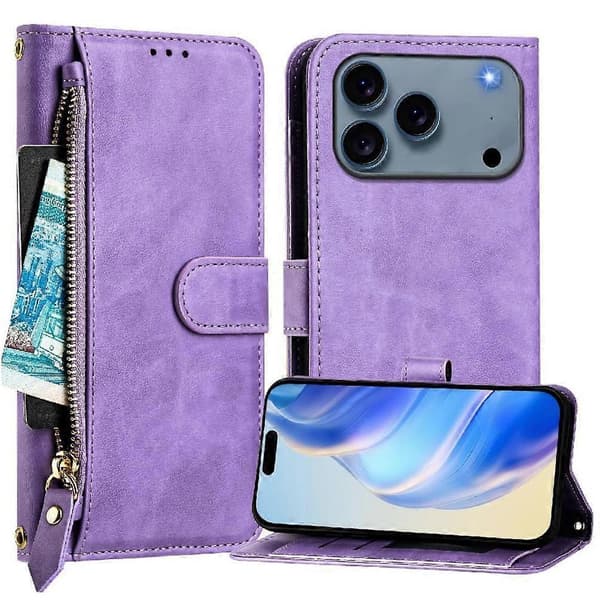 Plånboksfodral för iPhone 18 Pro i PU-läder med flik, fullt skydd, kortfack, blixtlåsficka, handledsrem och stativ purple