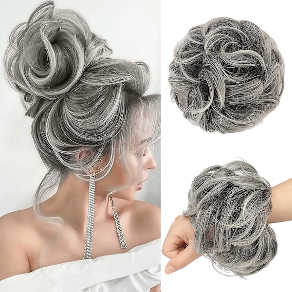 Sotkuinen nuttura hiuspala Iso harmaa nuttura Scrunchies pidennykset synteettiset suolaa ja pippuria Easy Bun rypytetty updo harmaa hiuslisäkkeet naisten tytöille