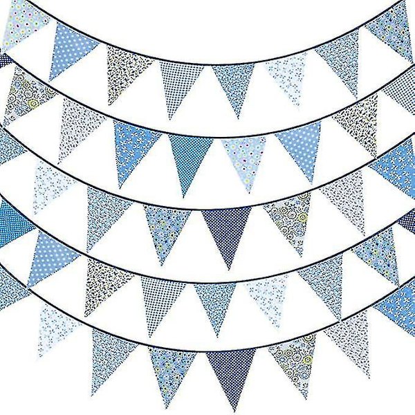 40 jalkaa kangassirkkubanneri Sininen kukkainen vintage silkkuliput Uudelleenkäytettävät puuvillainen kolmiolipun seppele, jossa 42 kpl viiriä puutarhahäälle baby shower