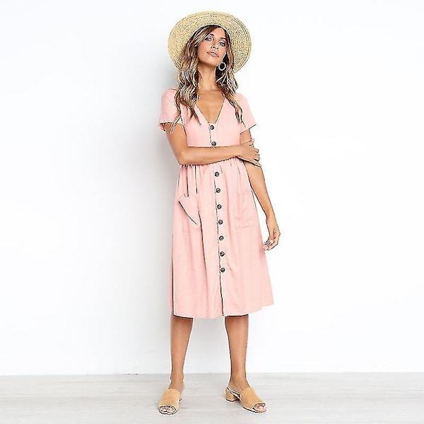 Naisten kesämekot Casual Midi-mekko Lyhythihainen paitamekko V-kaula-aukolla, nappi alas Swing A Line Tunika-mekko taskuilla pink