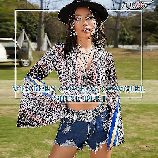 Strassbälte för män kvinnor Western Cowboy Cowgirl Bling dubbat läderbälte för jeansbyxor Blue 135cm(53Inch)