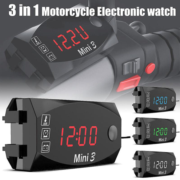 Universal 3 I 1 Motorcykel Elektronisk Ur Termometer Voltmeter 12v Ip67 Vandtæt Støvtæt Led Ur Digital Display| | Blue