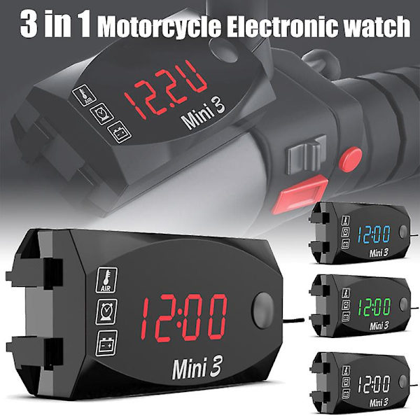 Universal 3 I 1 Motorcykel Elektronisk Ur Termometer Voltmeter 12v Ip67 Vandtæt Støvtæt Led Ur Digital Display| | Red