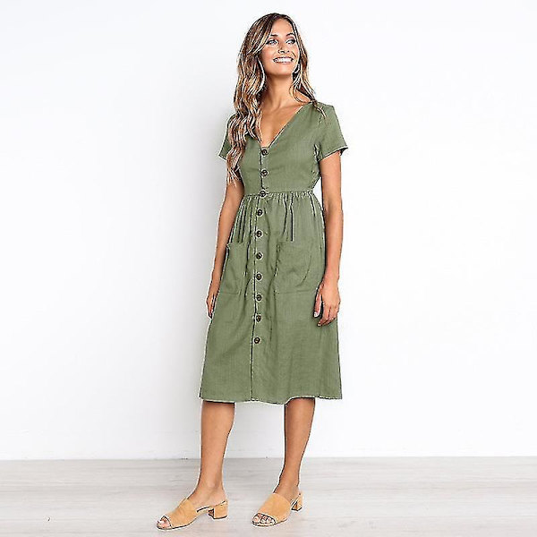 Naisten kesämekot Casual Midi-mekko Lyhythihainen paitamekko V-kaula-aukolla, nappi alas Swing A Line Tunika-mekko taskuilla green