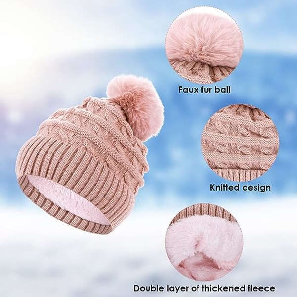 Bobble-hattu naisille Talvipipohatut Thermal fleecevuorattu hattu Naisten neulotut villahatut tekoturkisella Pom Pom Pink