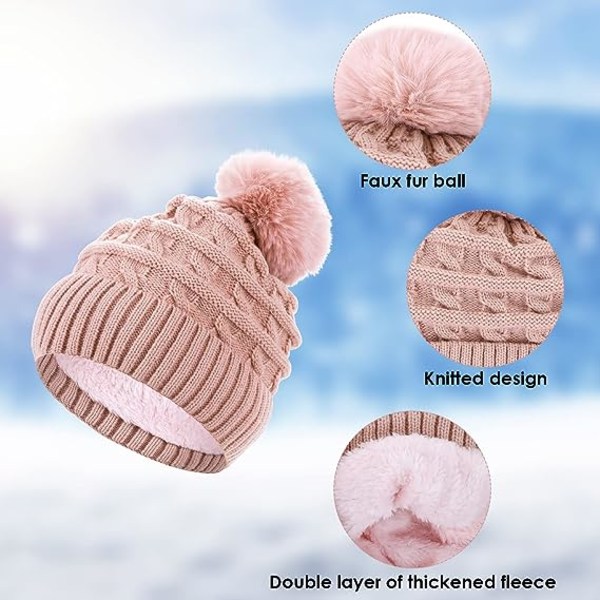 Bobble lue for kvinner vinter lue luer termisk fleece foret lue dame strikket ull luer med fuskepels Pom Pom Pink