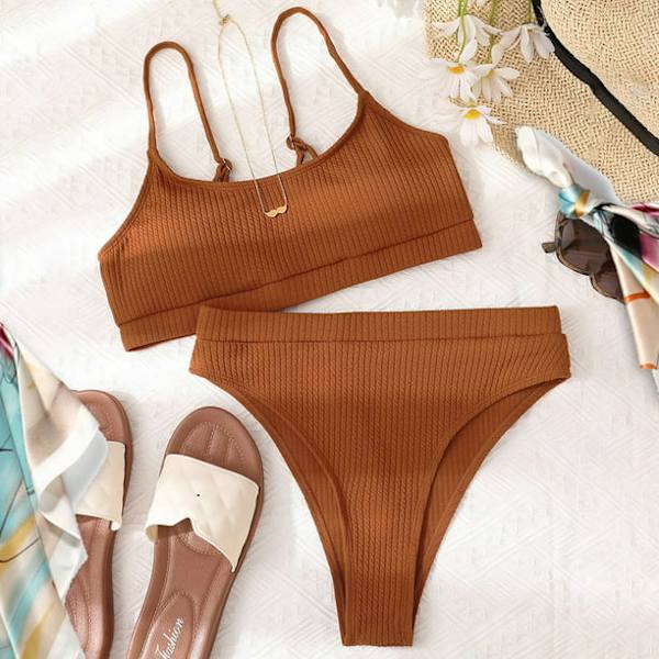 Kvinnor med hög midja ribbad Cami Bikini Set Brun L-US12