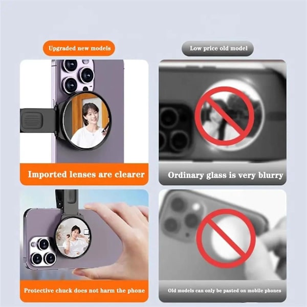 Mobiltelefon Kamera Spegel Reflection Shooting Clip för alla telefoner, Reflection Clip Bakre HD-lins Selfie Reflector Spegel med förvaringsväska Black