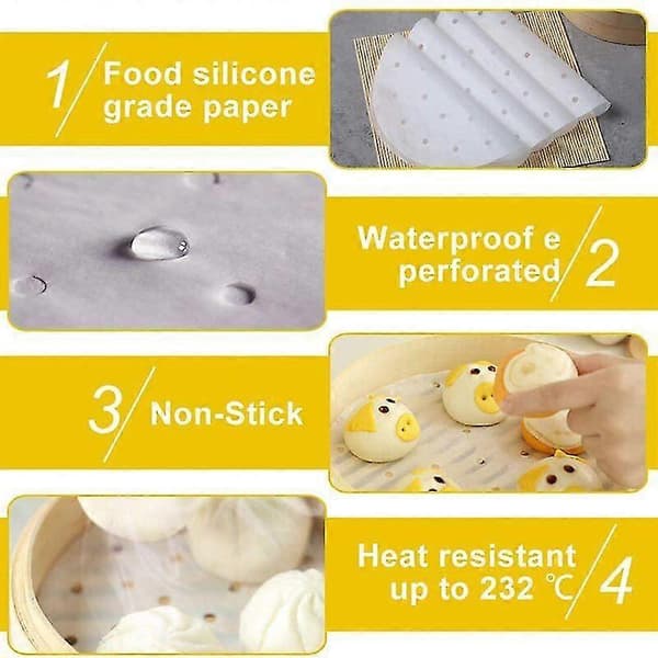 100 stycken Dim Sum-papper 23 cm som bas för bambuångare, varmluftsfritös, ångfoder, non-stick-beläggning, runt bakplåtspapper perforerad bambu