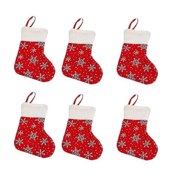 Julstrumpor, paket med 6 snöflingor med plyschmanschetter, en klassisk stocred Bd