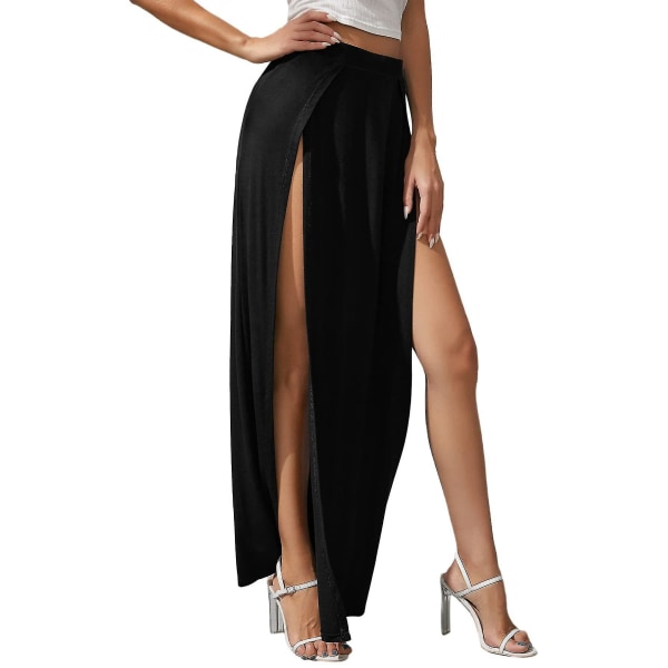 Dam lång dubbelsplit hög midja Dam Vanlig Jersey Stretch Två sidor Slit Maxikjol Black 2XL