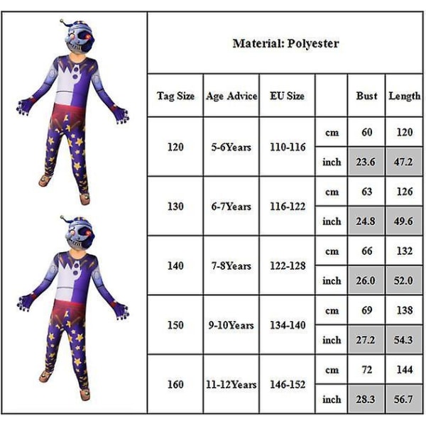 Halloween Kids Anime Fnaf Moondrop Cosplay Jumpsuit Party Bodysuit Performance Costume 5-6 Years