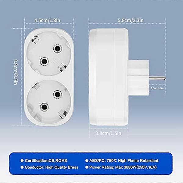 3 stk. EU-stikkontaktadapter 2-i-1 trippelplugg 16A/250V 3680W maks. White