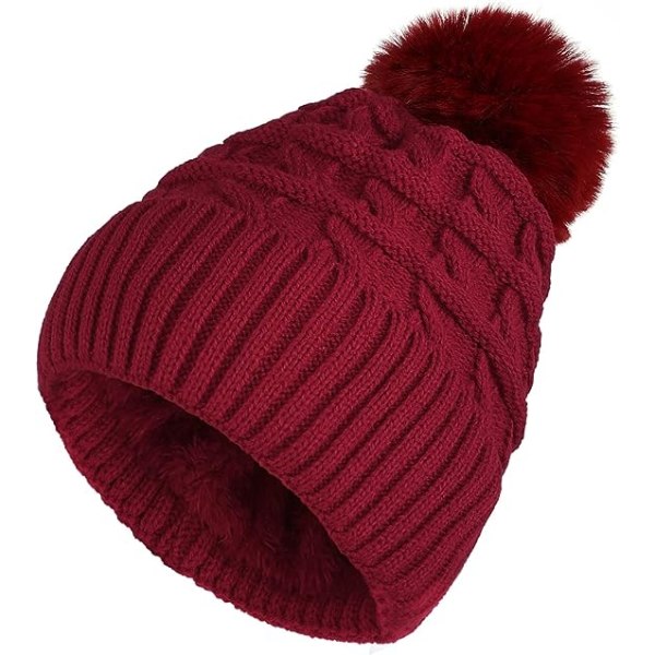 Bobble Hat til Kvinder Vinter Hue Hatte Termisk Fleece Foret Hat Dame Strikket Uld Hatte med Faux Fur Pom Pom Red