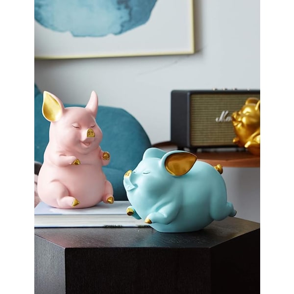 Piggy Bank Mynt Bank Pig Statue Gaver Polyresin Home Decor Arts Blå 8,3 tommer