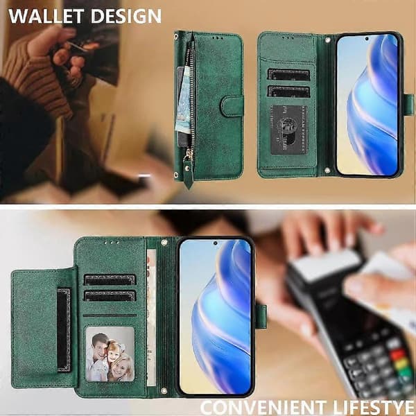 Plånboksfodral för iPhone 18 Pro i PU-läder med flik, fullt skydd, kortfack, blixtlåsficka, handledsrem och stativ green