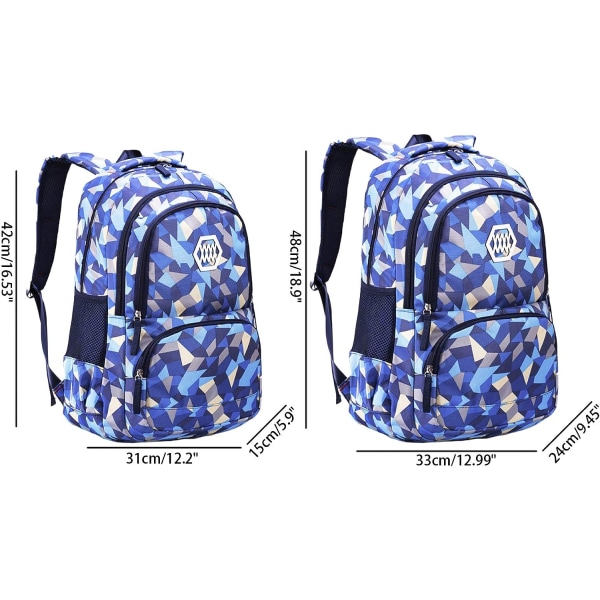 Pige geometrisk trykt Primary Junior High University skoletaske Bogtaske Rygsæk (blå, 19L) Blue 19 Liters