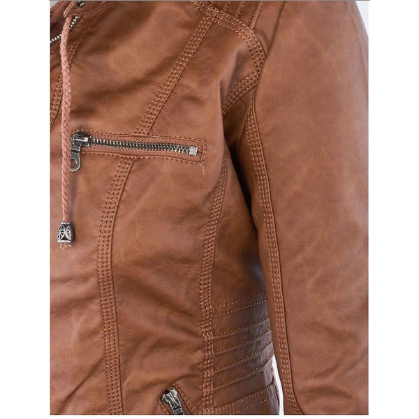 Kvinnor Motorcykel Huva Pu Läder Biker Jacka Kappa Ytterkläder Brown 2XL