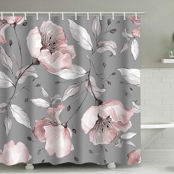 Pink Flowers -suihkuverho, kylpyhuoneen vedenpitävä kangas suihkuverho 12 muovikoukulla, useita kokoja (harmaat kukat) 90*180cm