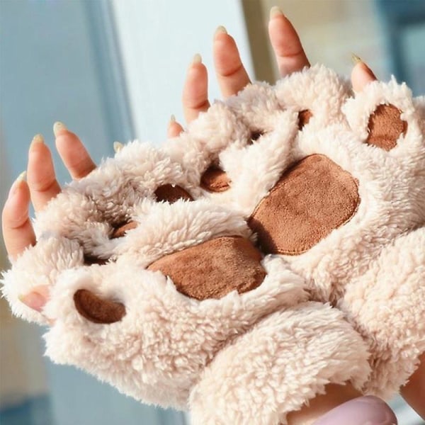 Cute Cat Claw Paw Vanter Fingerløse Vinter Kvinde Bløde Plys Handsker Damer Varme Halvfinger Handsker Moto Tilbehør Engros| | Beige