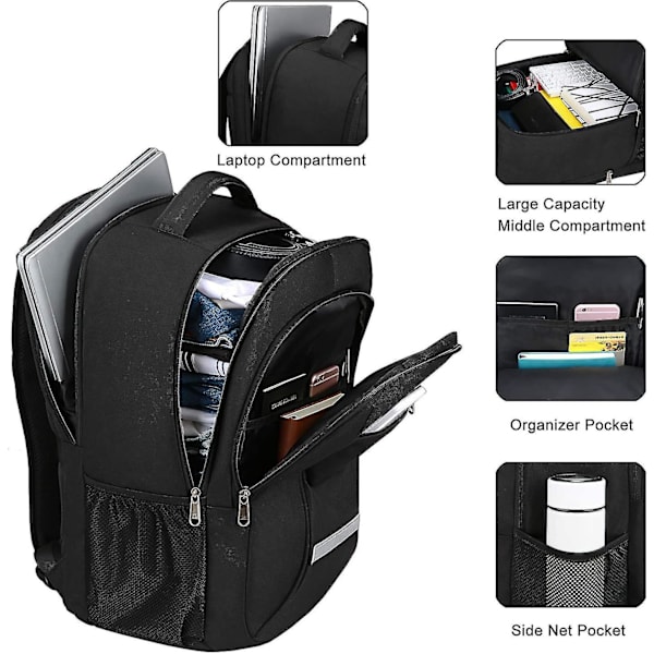 Reppu miehille - Matkareppu kannettavalle tietokoneelle, jossa USB lataus/kuulokeliitäntä - Heavy Duty -vedenkestävä College-reppu - sopii 15" kannettaviin tietokoneisiin