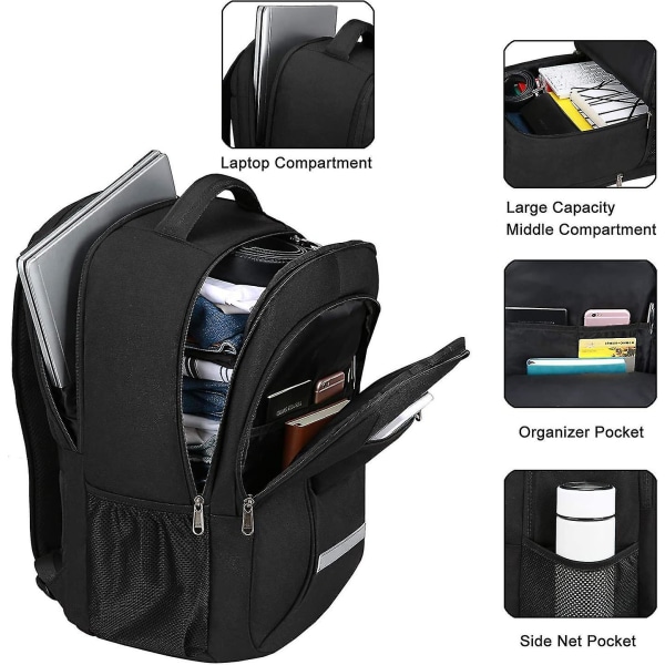 Ryggsäck för män - Resebärbar ryggsäck med USB -laddning/hörlursport - Kraftig vattentät collegeryggsäck - Passar 15" bärbara datorer