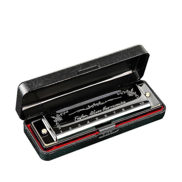 10 huller 20 Harmonica - Blues Deluxe Harmonica for begyndere - C Harmonica (sort)