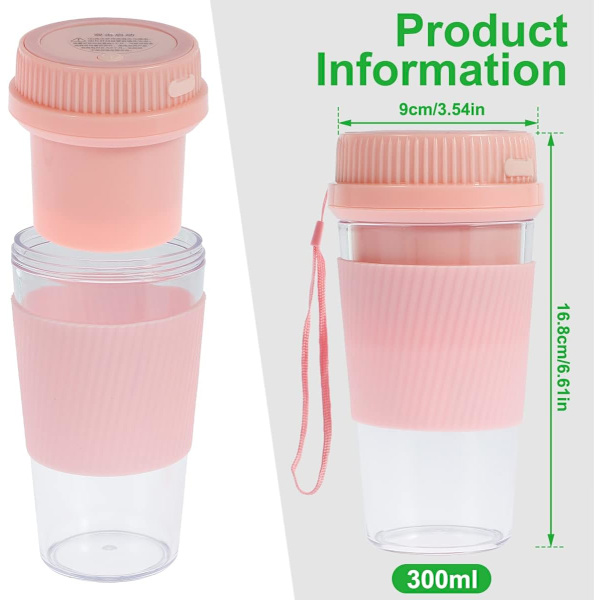 Bærbar juicepresse 300 ml kopp 1500 mah USB-lading Automatisk avstenging Egnet for reiser, kontor, treningsstudio, kjøkken, babymat (10 blader, rosa)