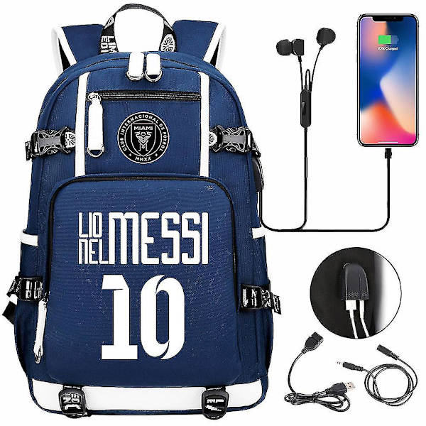 Fodbold Messi rygsæk | Rummelig vandtæt rejsetaske | Sort Skoletaske Med Usb Oplader | Ideel til rejser og skole