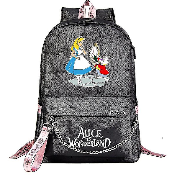 Alice In Wonderland Ryggsäck För Pojkar Flickor Barn Skolboksväskor Med USB kedja, Canvas Laptopväska för män väska Packsäck Bokväska För Dam 1