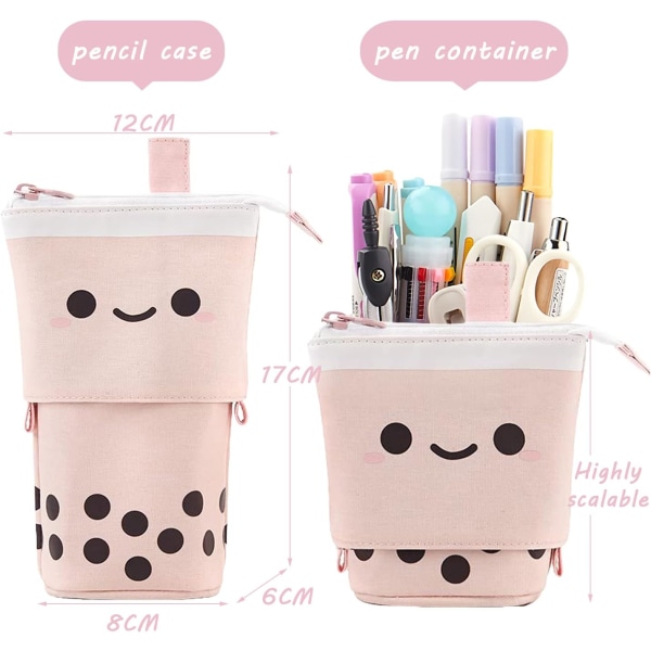 Sød tegnefilm Milk Tea Penalhus, stående penholder Teleskopisk lille blyantpose Pop Up kosmetisk makeuptaske (pink)