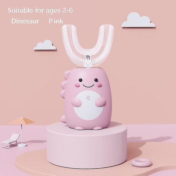 Lasten sähköhammasharja Lasten automaattinen suunpuhdistuslaite USB lataus Sonic Cute Dinosaur U-muotoinen hampaiden hoito Pink-Basis Ages 2-6