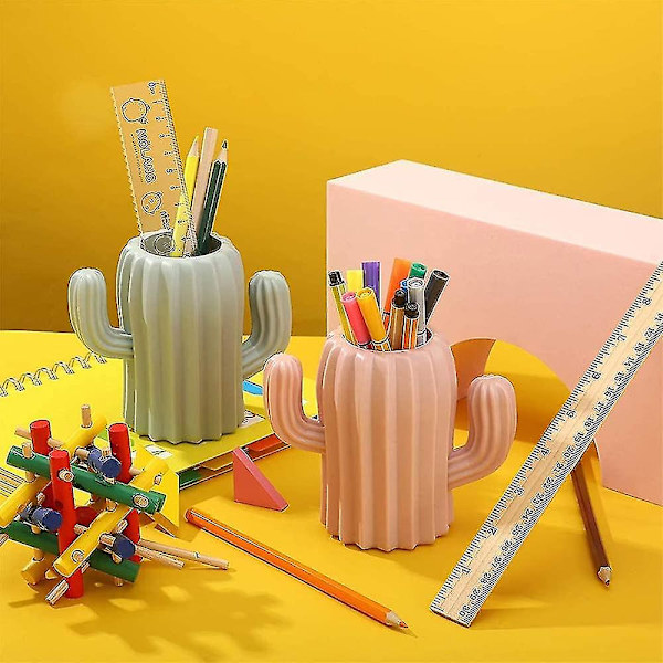 2 styks pen Blyant Grydeholder, Papir Opbevaring Pen Beholder, Cactus Shape Skrivebord Pen Holder Stander (lyserød, grøn)
